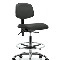 Vinyl Chair Chrome - High Bench Height with Chrome Foot Ring & Casters in Charcoal Trailblazer Vinyl - VHBCH-CR-T0-A0-CF-CC-8605
