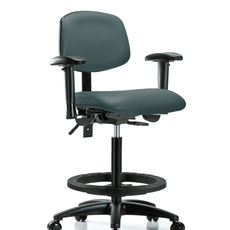 Vinyl Chair - High Bench Height with Adjustable Arms, Black Foot Ring, & Casters in Colonial Blue Trailblazer Vinyl - VHBCH-RG-T0-A1-BF-RC-8546