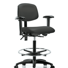 Vinyl Chair - High Bench Height with Adjustable Arms, Chrome Foot Ring, & Casters in Charcoal Trailblazer Vinyl - VHBCH-RG-T0-A1-CF-RC-8605