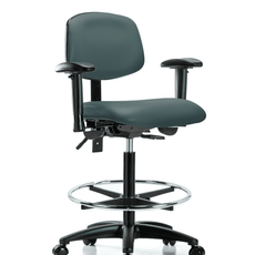Vinyl Chair - High Bench Height with Seat Tilt, Adjustable Arms, Chrome Foot Ring, & Casters in Colonial Blue Trailblazer Vinyl - VHBCH-RG-T1-A1-CF-RC-8546