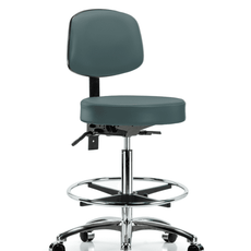Vinyl Stool with Back Chrome - High Bench Height with Chrome Foot Ring & Casters in Colonial Blue Trailblazer Vinyl - VHBST-CR-T0-CF-CC-8546