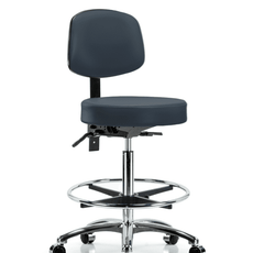 Vinyl Stool with Back Chrome - High Bench Height with Chrome Foot Ring & Casters in Imperial Blue Trailblazer Vinyl - VHBST-CR-T0-CF-CC-8582