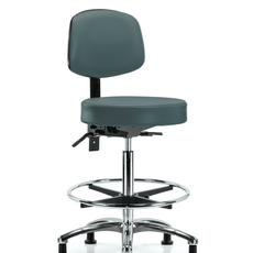 Vinyl Stool with Back Chrome - High Bench Height with Chrome Foot Ring & Stationary Glides in Colonial Blue Trailblazer Vinyl - VHBST-CR-T0-CF-RG-8546