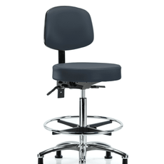 Vinyl Stool with Back Chrome - High Bench Height with Chrome Foot Ring & Stationary Glides in Imperial Blue Trailblazer Vinyl - VHBST-CR-T0-CF-RG-8582