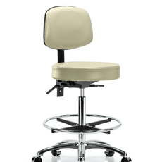 Vinyl Stool with Back Chrome - High Bench Height with Seat Tilt, Chrome Foot Ring, & Casters in Adobe White Trailblazer Vinyl - VHBST-CR-T1-CF-CC-8501