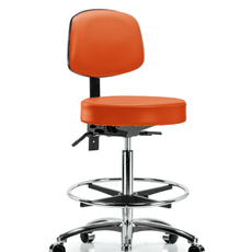 Vinyl Stool with Back Chrome - High Bench Height with Seat Tilt, Chrome Foot Ring, & Casters in Orange Kist Trailblazer Vinyl - VHBST-CR-T1-CF-CC-8613