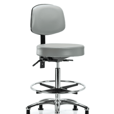 Vinyl Stool with Back Chrome - High Bench Height with Seat Tilt, Chrome Foot Ring, & Stationary Glides in Dove Trailblazer Vinyl - VHBST-CR-T1-CF-RG-8567