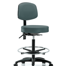 Vinyl Stool with Back - High Bench Height with Chrome Foot Ring & Casters in Colonial Blue Trailblazer Vinyl - VHBST-RG-T0-CF-RC-8546