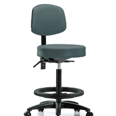 Vinyl Stool with Back - High Bench Height with Seat Tilt, Black Foot Ring, & Casters in Colonial Blue Trailblazer Vinyl - VHBST-RG-T1-BF-RC-8546