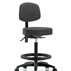 Vinyl Stool with Back - High Bench Height with Seat Tilt, Black Foot Ring, & Casters in Charcoal Trailblazer Vinyl - VHBST-RG-T1-BF-RC-8605