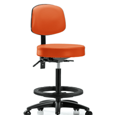 Vinyl Stool with Back - High Bench Height with Seat Tilt, Black Foot Ring, & Casters in Orange Kist Trailblazer Vinyl - VHBST-RG-T1-BF-RC-8613