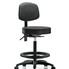 Vinyl Stool with Back - High Bench Height with Seat Tilt, Black Foot Ring, & Casters in Carbon Supernova Vinyl - VHBST-RG-T1-BF-RC-8823