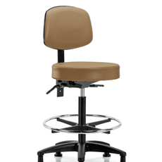 Vinyl Stool with Back - High Bench Height with Seat Tilt, Chrome Foot Ring, & Stationary Glides in Taupe Trailblazer Vinyl - VHBST-RG-T1-CF-RG-8584