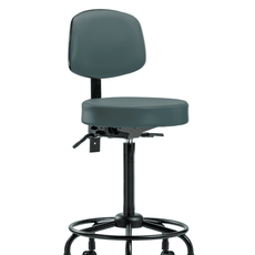 Vinyl Stool with Back - High Bench Height with Round Tube Base & Casters in Colonial Blue Trailblazer Vinyl - VHBST-RT-T0-RC-8546