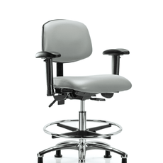 Vinyl Chair Chrome - Medium Bench Height with Adjustable Arms, Chrome Foot Ring, & Casters in Dove Trailblazer Vinyl - VMBCH-CR-T0-A1-CF-RG-8567