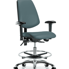 Vinyl Chair Chrome - Medium Bench Height with Medium Back, Adjustable Arms, Chrome Foot Ring, & Casters in Colonial Blue Trailblazer Vinyl - VMBCH-MB-CR-T0-A1-CF-CC-8546