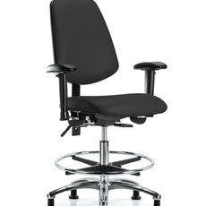 Vinyl Chair Chrome - Medium Bench Height with Medium Back, Adjustable Arms, Chrome Foot Ring, & Stationary Glides in Black Trailblazer Vinyl - VMBCH-MB-CR-T0-A1-CF-RG-8540