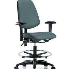 Vinyl Chair - Medium Bench Height with Medium Back, Adjustable Arms, Chrome Foot Ring, & Casters in Colonial Blue Trailblazer Vinyl - VMBCH-MB-RG-T0-A1-CF-RC-8546