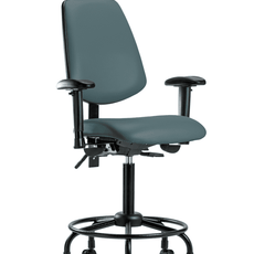 Vinyl Chair - Medium Bench Height with Round Tube Base, Medium Back, Seat Tilt, Adjustable Arms, & Casters in Colonial Blue Trailblazer Vinyl - VMBCH-MB-RT-T1-A1-RC-8546