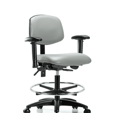 Vinyl Chair - Medium Bench Height with Adjustable Arms, Chrome Foot Ring, & Casters in Dove Trailblazer Vinyl - VMBCH-RG-T0-A1-CF-RC-8567