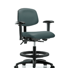 Vinyl Chair - Medium Bench Height with Seat Tilt, Adjustable Arms, Black Foot Ring, & Casters in Colonial Blue Trailblazer Vinyl - VMBCH-RG-T1-A1-BF-RC-8546