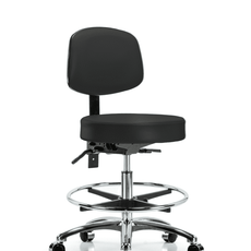 Vinyl Stool with Back Chrome - Medium Bench Height with Chrome Foot Ring & Casters in Black Trailblazer Vinyl - VMBST-CR-T0-CF-CC-8540