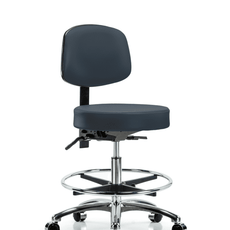 Vinyl Stool with Back Chrome - Medium Bench Height with Chrome Foot Ring & Casters in Imperial Blue Trailblazer Vinyl - VMBST-CR-T0-CF-CC-8582