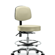 Vinyl Stool with Back Chrome - Medium Bench Height with Seat Tilt, Chrome Foot Ring, & Casters in Adobe White Trailblazer Vinyl - VMBST-CR-T1-CF-CC-8501