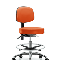Vinyl Stool with Back Chrome - Medium Bench Height with Seat Tilt, Chrome Foot Ring, & Casters in Orange Kist Trailblazer Vinyl - VMBST-CR-T1-CF-CC-8613