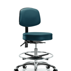 Vinyl Stool with Back Chrome - Medium Bench Height with Seat Tilt, Chrome Foot Ring, & Casters in Marine Blue Supernova Vinyl - VMBST-CR-T1-CF-CC-8801