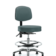 Vinyl Stool with Back Chrome - Medium Bench Height with Seat Tilt, Chrome Foot Ring, & Stationary Glides in Colonial Blue Trailblazer Vinyl - VMBST-CR-T1-CF-RG-8546