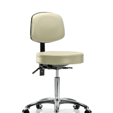 Vinyl Stool with Back Chrome - Medium Bench Height with Seat Tilt & Casters in Adobe White Trailblazer Vinyl - VMBST-CR-T1-NF-CC-8501