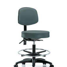 Vinyl Stool with Back - Medium Bench Height with Chrome Foot Ring & Casters in Colonial Blue Trailblazer Vinyl - VMBST-RG-T0-CF-RC-8546