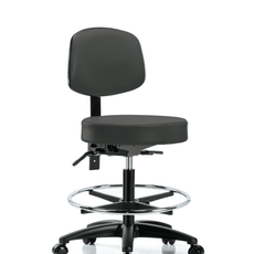 Vinyl Stool with Back - Medium Bench Height with Chrome Foot Ring & Casters in Charcoal Trailblazer Vinyl - VMBST-RG-T0-CF-RC-8605