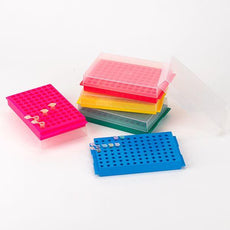 Reversible Rack with Cover for Microcentrifuge Tubes, 96-Place for 1.5mL and 2.0mL and Reverse Side is 96-Place for 0.2mL and 0.5mL Tubes, Red, 5/Pack-456355R