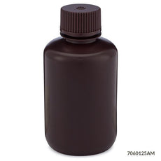 Bottle, Narrow Mouth, HDPE Bottle, Attached PP Screw Cap, Amber, 125mL, 12/Pack-7060125AM